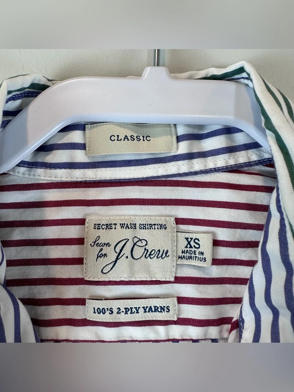J.Crew Mens White Blue Red Green Stripe Classic Secret Wash Button Down Shirt XS